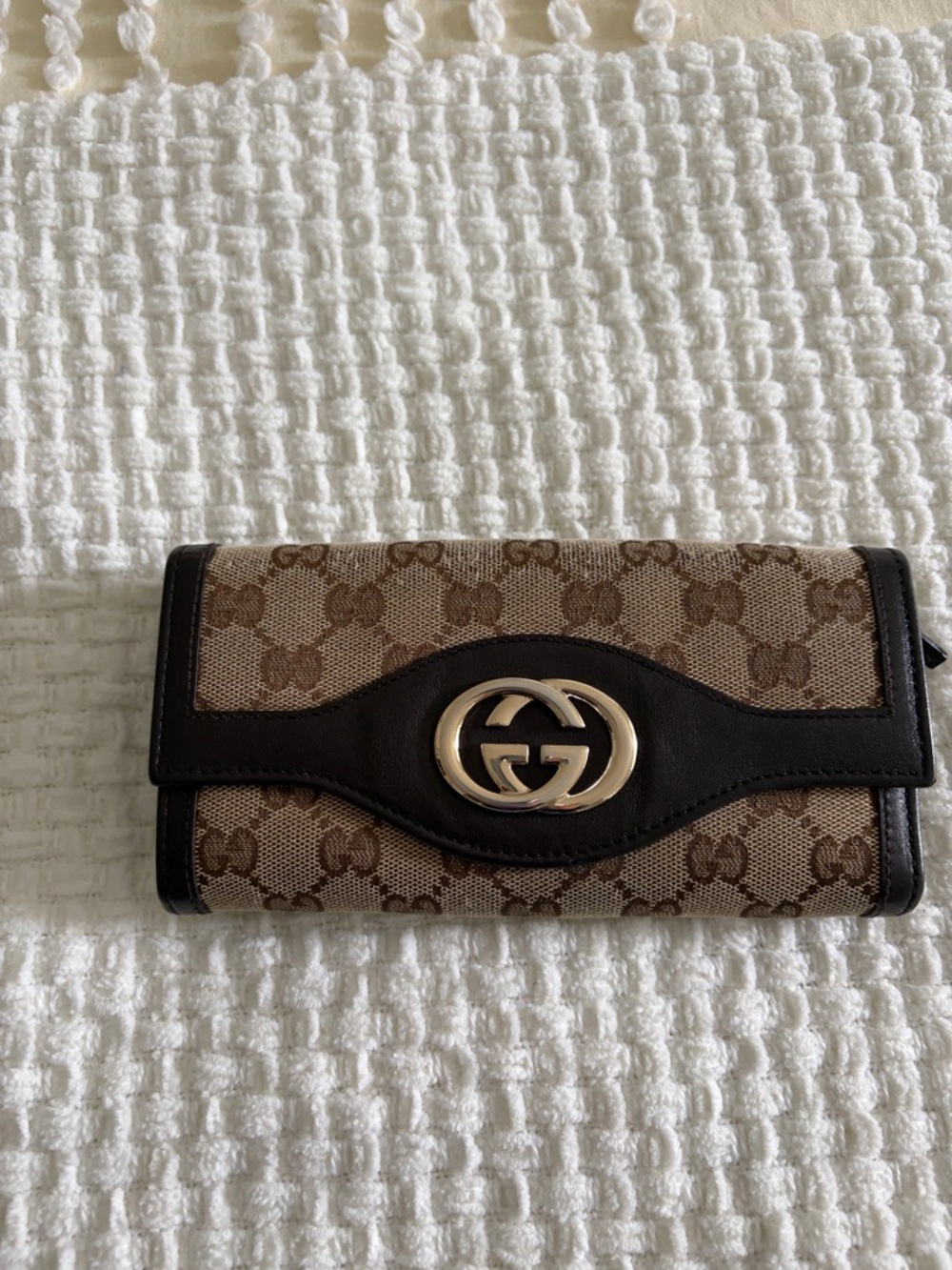 Gucci Beige Brown GG Canvas Continental Wallet with Gold Double GG